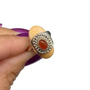 Spiny Oyster & Carnelian Ring Solid Sterling Silver 925 Size 6.5 Natural Stone